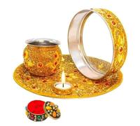 BRACOP®Pooja Thali Karva Chauth Set Indian Small Round Decorative Tableware Tray, Dinner Plates For Engagement Wedding Home Décor Karwachauth Thali Set Hindu Temple Decoration Item Gifts Set of 5 Pcs