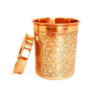 BRACOP® Pure Copper Embossed Glass With Lid Handcrafted Moscow Mule Mug Water Tumbler Set Of 2 Pcs Drinkware Copper Mug For Water, Coctails Serve Ware Copper Utensils