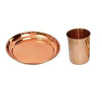 BRACOP® Pure Copper Tumbler Water Glass With Plate Round Shape Small Thali Handmade Copper Mug Cup Water Pitcher Carafe Drinking Flask Serving Utensils