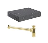 Bradfords Float Wall Hung Grey Marble Basin Shelf & Brushed Brass Bottle Trap 600mm