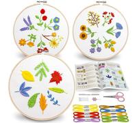 Bradove 3 Sets Leaves and Flowers Embroidery Kits for Adults Beginners Kids, Stitching Kit with Embroidery Patterns, Beginners Embroidery Kit with Video Tutorial and Instruction Booklet