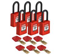 Brady SafeKey Nylon Padlock, Nylon Shackle, 38mm x 84mm x 19mm, Red, Pack of 6