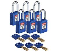Brady SafeKey Nylon Padlock, Steel Shackle, 38mm x 84mm x 19mm, Blue, Pack of 6