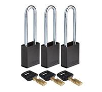 Brady SafeKey Padlock Aluminum 3-pack - Lockout Padlock with Key - Lockout Tagout Security Lock for Indoor and Outdoor Use - Shackle Height 76.20 mm - Keyed Alike - Black