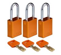 Brady SafeKey Padlock Aluminum 3-pack - Lockout Padlock with Key - Lockout Tagout Security Lock for Indoor and Outdoor Use - Shackle Height 38.10 mm - Keyed Alike - Orange