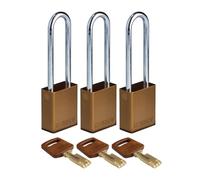 Brady SafeKey Padlock Aluminum 3-pack - Lockout Padlock with Key - Lockout Tagout Security Lock for Indoor and Outdoor Use - Shackle Height 76.20 mm - Keyed Alike - Brown