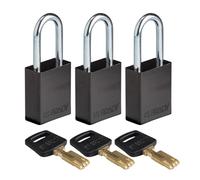 Brady SafeKey Padlock Aluminum 3-pack - Lockout Padlock with Key - Lockout Tagout Security Lock for Indoor and Outdoor Use - Shackle Height 38.10 mm - Keyed Alike - Black