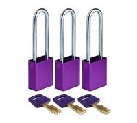 Brady SafeKey Padlock Aluminum 3-pack - Lockout Padlock with Key - Lockout Tagout Security Lock for Indoor and Outdoor Use - Shackle Height 76.20 mm - Keyed Alike - Purple