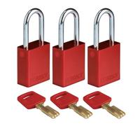 Brady SafeKey Padlock Aluminum 3-pack - Lockout Padlock with Key - Lockout Tagout Security Lock for Indoor and Outdoor Use - Shackle Height 38.10 mm - Keyed Alike - Red