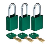 Brady SafeKey Padlock Aluminum 3-pack - Lockout Padlock with Key - Lockout Tagout Security Lock for Indoor and Outdoor Use - Shackle Height 38.10 mm - Keyed Alike - Green
