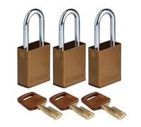 Brady SafeKey Padlock Aluminum 3-pack - Lockout Padlock with Key - Lockout Tagout Security Lock for Indoor and Outdoor Use - Shackle Height 38.10 mm - Keyed Alike - Brown