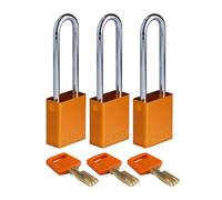 Brady SafeKey Padlock Aluminum 3-pack - Lockout Padlock with Key - Lockout Tagout Security Lock for Indoor and Outdoor Use - Shackle Height 76.20 mm - Keyed Alike - Orange