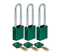 Brady SafeKey Padlock Aluminum 3-pack - Lockout Padlock with Key - Lockout Tagout Security Lock for Indoor and Outdoor Use - Shackle Height 76.20 mm - Keyed Alike - Green