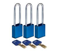 Brady SafeKey Padlock Aluminum 3-pack - Lockout Padlock with Key - Lockout Tagout Security Lock for Indoor and Outdoor Use - Shackle Height 76.20 mm - Keyed Alike - Blue