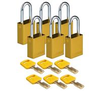 Brady SafeKey Padlock Aluminum 6-pack - Lockout Padlock with Key - Lockout Tagout Security Lock for Indoor and Outdoor Use - Shackle Height 38.10 mm - Keyed Differently - Yellow