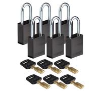 Brady SafeKey Padlock Aluminum 6-pack - Lockout Padlock with Key - Lockout Tagout Security Lock for Indoor and Outdoor Use - Shackle Height 38.10 mm - Keyed Differently - Black