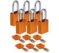 Brady SafeKey Padlock Aluminum 6-pack - Lockout Padlock with Key - Lockout Tagout Security Lock for Indoor and Outdoor Use - Shackle Height 38.10 mm - Keyed Differently - Orange
