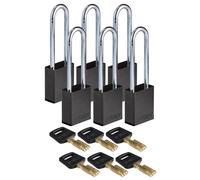 Brady SafeKey Padlock Aluminum 6-pack - Lockout Padlock with Key - Lockout Tagout Security Lock for Indoor and Outdoor Use - Shackle Height 76.20 mm - Keyed Differently - Black
