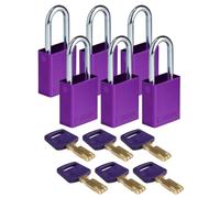 Brady SafeKey Padlock Aluminum 6-pack - Lockout Padlock with Key - Lockout Tagout Security Lock for Indoor and Outdoor Use - Shackle Height 38.10 mm - Keyed Differently - Purple