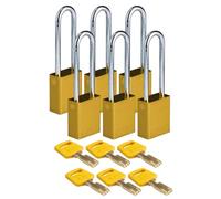 Brady SafeKey Padlock Aluminum 6-pack - Lockout Padlock with Key - Lockout Tagout Security Lock for Indoor and Outdoor Use - Shackle Height 76.20 mm - Keyed Differently - Yellow
