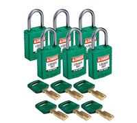 Brady SafeKey Padlock, Green, 2.6 in H x 1.25 in W x 0.75 in D, Pack of 6