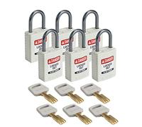 Brady SafeKey Padlock, White, 2.6 in H x 1.25 in W x 0.75 in D, Pack of 6