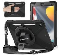 BRAECNstock Case for Apple iPad 9th 8th 7th Generation 10.2" 2021 2020 2019 with Screen Protector Pencil Holder Rotating Hand Strap & Stand Shockproof Protective Kids Case for iPad 9th 8th Gen - Black