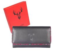 Braemar Stag Flap Over Matinee Purse by Mala Leather - RFID Protected - Soft Genuine Leather, Gift-Boxed,Tartan Trim & Country-Inspired Design - Navy or Black - 19 × 10 × 2.5 cm (Black)