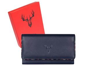Braemar Stag Flap Over Matinee Purse by Mala Leather - RFID Protected - Soft Genuine Leather, Gift-Boxed,Tartan Trim & Country-Inspired Design - Navy or Black - 19 × 10 × 2.5 cm (Navy)