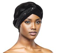 Braid Headgear Muslim Headscarves Chemo Cap Sequin African Women's Turban Pre-Tied Beanie Hat Head Wrap Sleep Cap Turban Hat, A Black, L