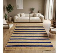 Braided Blue Striped Natural Fiber Premium Quality Jute Area Rug 3x5 ft | 100% Eco-Friendly Boho Rustic Vintage Jute Rugs Thick 0.27" Ideal For Bedroom Yoga Mat Doormat Foyer Small Area Carpet