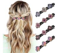 Braided Hair Clips For Women - Sparkling Crystal Stone Hair Clips For Styling Sectioning with 3 Small Hair Barrettes, Hair Accessories Four-Leaf Chopped with Rhinestones for Women& Girls 4 PCS (# 1)
