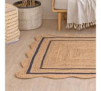 Braided Jute Rug,100% Natural Handmade Rug for Living Room, Bedroom & Entryway,Eco-Friendly Boho Floor Carpet,Rustic Farmhouse Décor,Scalloped Navy Blue Line Pattern,(90 cm x 150 cm)