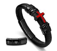 Braided Leather Cross Cuff Bracelet for Men, Red & White Two-Tone Cross, Stainless Steel with Engraved Bible Verse, Christian Faith Gift for Baptism, Confirmation, Dad Husband Boyfriend & Father, 7.5