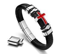 Braided Leather Cross Cuff Bracelet for Men, Red & White Two-Tone Cross, Stainless Steel with Engraved Bible Verse, Christian Faith Gift for Baptism, Confirmation, Dad Husband Boyfriend & Father, 7.5