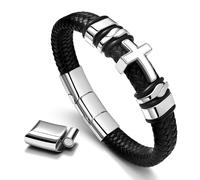 Braided Leather Cross Cuff Bracelet for Men, Red & White Two-Tone Cross, Stainless Steel with Engraved Bible Verse, Christian Faith Gift for Baptism, Confirmation, Dad Husband Boyfriend & Father, 8.6