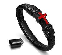 Braided Leather Cross Cuff Bracelet for Men, Red & White Two-Tone Cross, Stainless Steel with Engraved Bible Verse, Christian Faith Gift for Baptism, Confirmation, Dad Husband Boyfriend & Father, 7.5