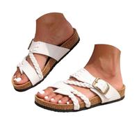 Braided Strap Cork Footbed Slide Sandals for Women's Adjustable Metal Buckle Flat Mules Arch Support Non Slip Summer Slides Comfortable for Beach Walking Daily Errands Outdoor Casual Wear