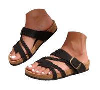 Braided Strap Cork Footbed Slide Sandals for Women's Adjustable Metal Buckle Flat Mules Arch Support Non Slip Summer Slides Comfortable for Beach Walking Daily Errands Outdoor Casual Wear