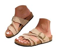 Braided Strap Cork Footbed Slide Sandals for Women's Adjustable Metal Buckle Flat Mules Arch Support Non Slip Summer Slides Comfortable for Beach Walking Daily Errands Outdoor Casual Wear