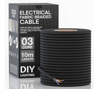 Braided Vintage Cable Fabric Covered Lighting Flex Cable 10m Pack Length, 3-Core 8Amp (0.75mm) Electrical Wire, Texitile Cord Round Pendant Wires for Chandeliers and Lamps Applique Lampshades (Black)
