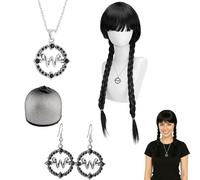 Braided Wig, Long Black Wig with Necklace & Earrings for Women Girls Cosplay Ghosts Costume Halloween Role-Playing Parties Accessory Party Decoration Gift