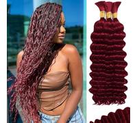 Braiding Hair for Bohemian Braids Human Hair 3 Packs/Pack, 110g, 18 Inch Deep Wave Human Hair Bulk for Braiding Curly Knotless 12A Brazilian Virgin Burgundy