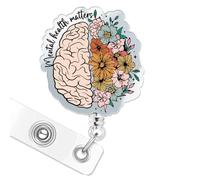 Brain Badge Reel, Mental Health Matters Badge Reels Retractable Glitter with Clip Name Tag Card, Floral Brain ID Holder Accessory for Neurology & Psych Nurse, Therapist, Psychologist, RN