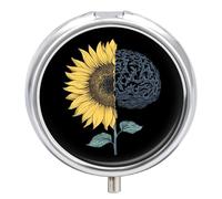 Brain Cancer Sunflower Pill Box Cute Metal Round Pill Case with 3 Compartments and Mirror for Vitamin Fish Oils