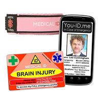 Brain Injury Bracelet. Medical ID Inside Wristband. Emergency ID Bracelet Band, Inc. Free Plastic Wallet Card in Case of Emergency. 4 Colours Available (Pink)