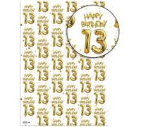 Brainbox Candy 13th Birthday Wrapping Paper - 2 Sheets of Premium White & Gold Foil Effect Gift Wrap - Unisex Design