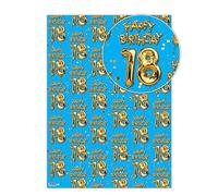Brainbox Candy - 2 Sheets of Funny '18th Birthday' Wrapping Paper - Blue Gold Balloon Wrap - Eighteen Gift Wrap For Him Her Son Daughter Eighteenth Birthday Presents - Folded Quality Wrap