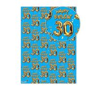 Brainbox Candy - 2 Sheets of Funny '30th Birthday' Wrapping Paper - Blue Gold Balloon Wrap - Thirty Gift Wrap For Him Her Men Women Thirtieth Birthday Presents - Folded Quality Wrap