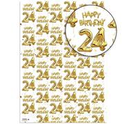 Brainbox Candy 24th Birthday Wrapping Paper - 2 Sheets of Premium White & Gold Foil Effect Gift Wrap - Unisex Design